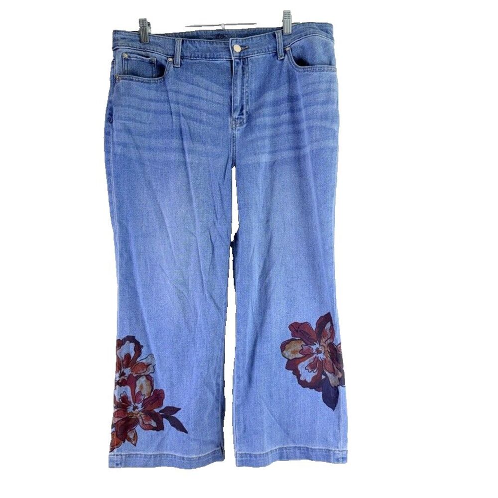 Chicos 14 Women Wide Leg Pants Floral Artsy Cropped Boho Retro Hippie Blue Denim